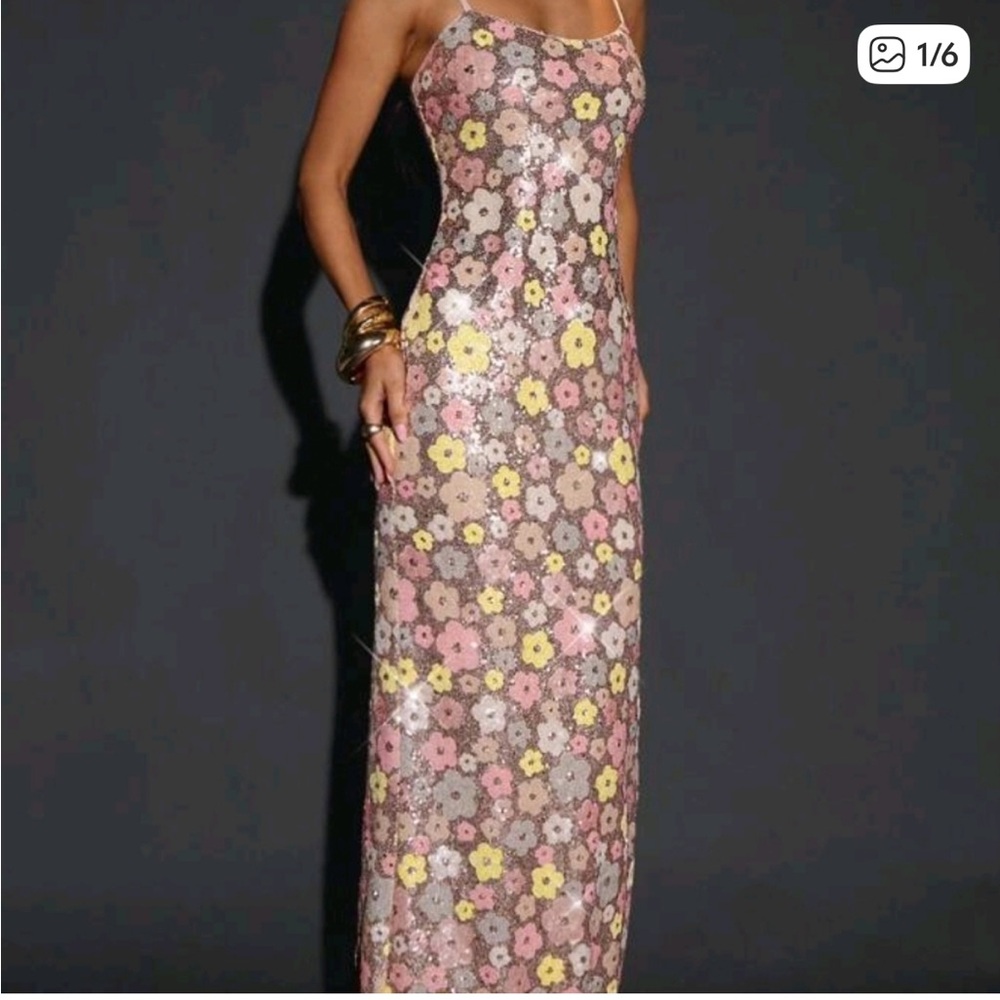 Floral Sequin Slip Maxi Dress in Pink & Yellow